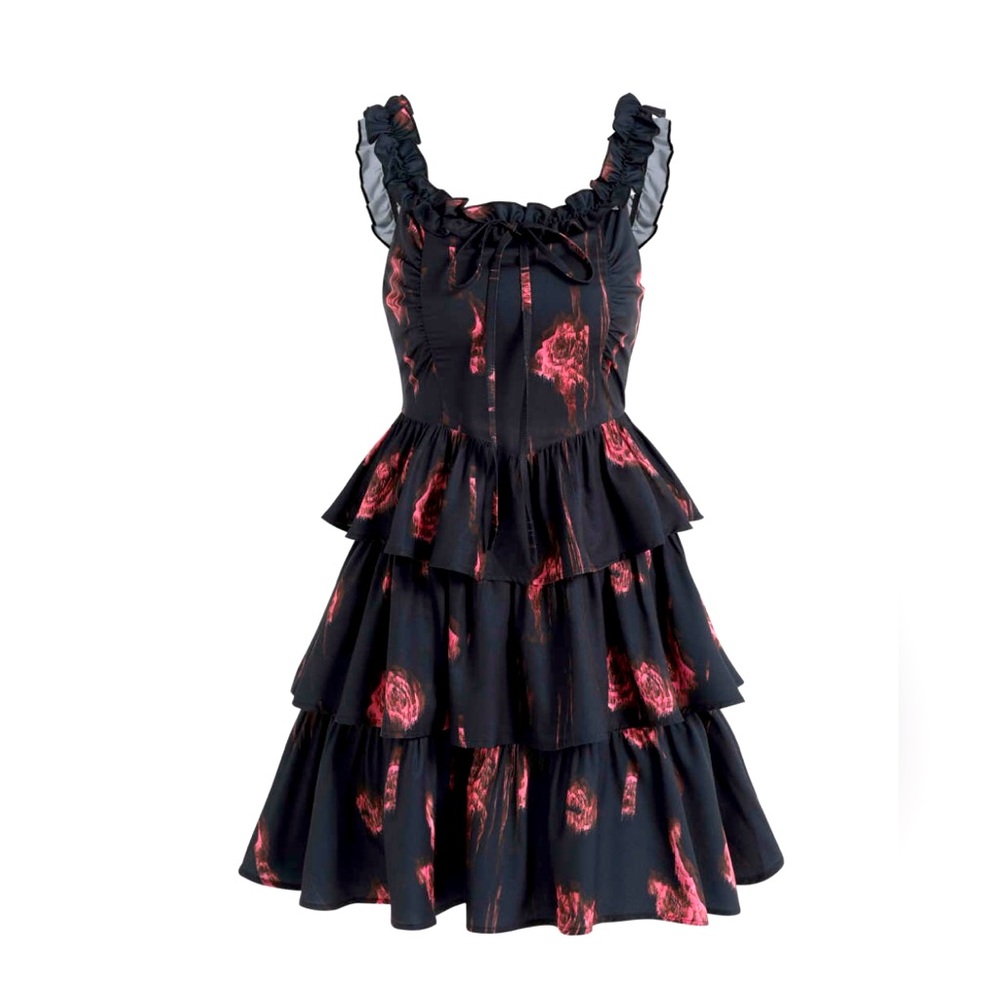 CIDER Black Rose Corset Tiered Ruffle Dress. Women’s Size S. NWT